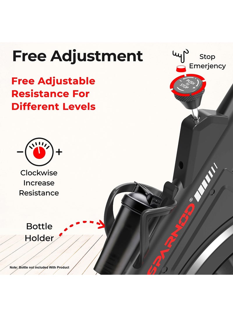 Sparnod Fitness دراجة سبين سبارنوود فيتنس SSB-09B لتمارين المنزل مع نظام حزام، عجلة طيران 9 كجم، مقعد ومقود قابلين للتعديل، مقاومة احتكاك، شاشة LCD، حامل لوحي، أقصى وزن للمستخدم 110 كجم (أسود) - Image 4